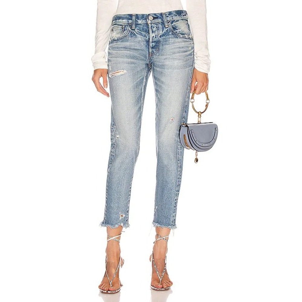 Moussy Vintage Kelley Tapered Jeans Women 29 Blue Distressed Raw Hem Selvedge